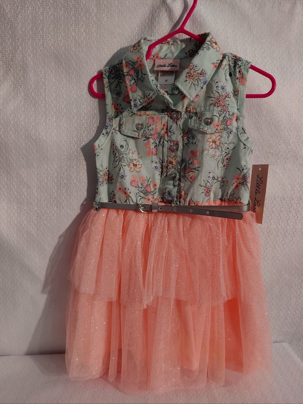 Little Lass Mint Floral Bodice with Peach Glitter Tulle Skirt Dress Sz 2